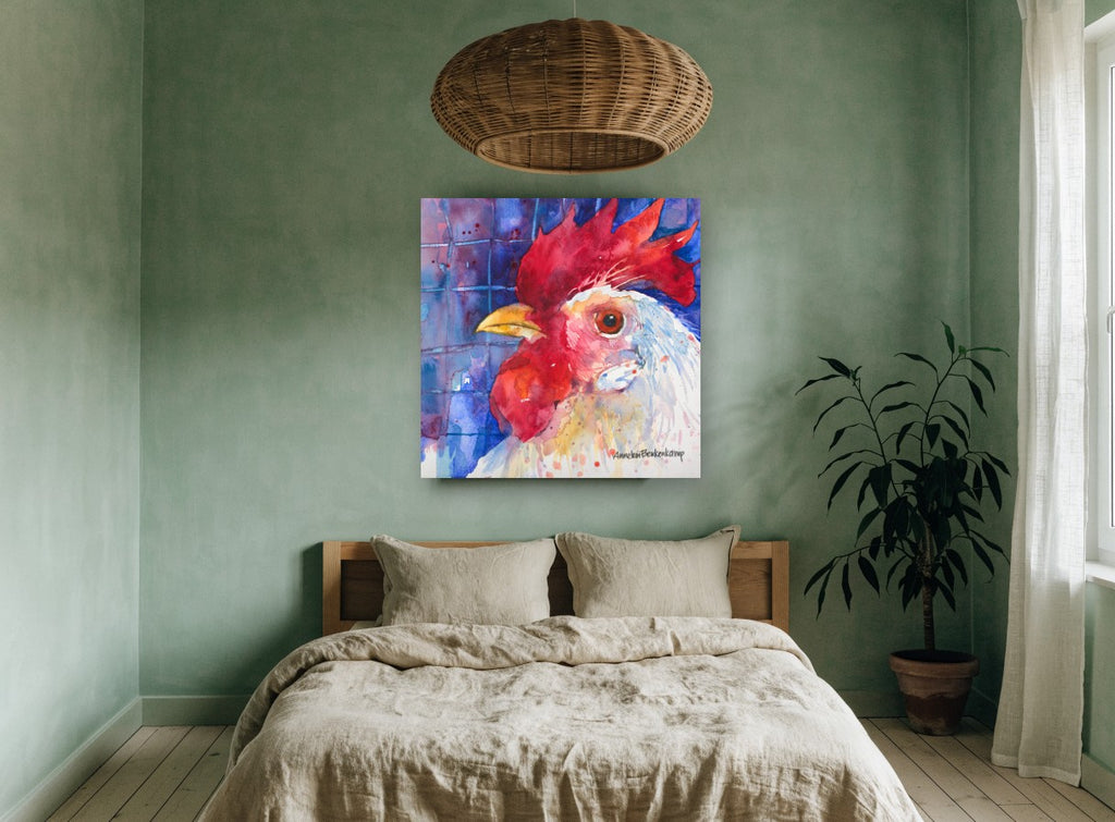 Blue Fence Rooster animal canvas print on the wall of a bedroom