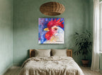 Blue Fence Rooster animal canvas print on the wall of a bedroom
