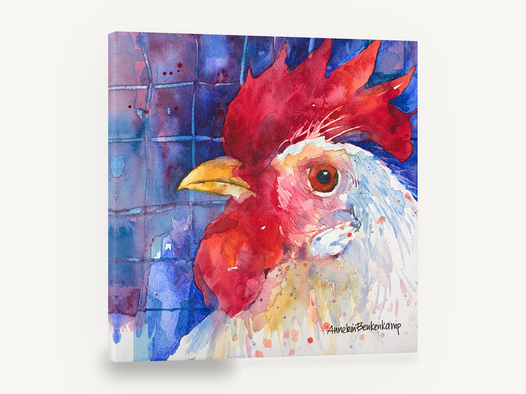 Blue Fence Rooster, rooster watercolour portrait, animal canvas wall art print ready to hang