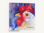 Blue Fence Rooster, rooster watercolour portrait, animal canvas wall art print ready to hang