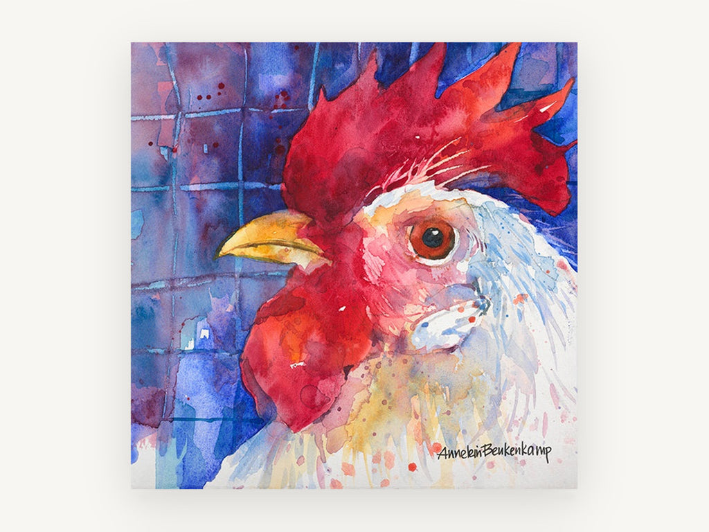 Blue Fence Rooster, rooster watercolour portrait, animal canvas wall art print, front view