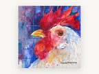Blue Fence Rooster, rooster watercolour portrait, animal canvas wall art print, front view
