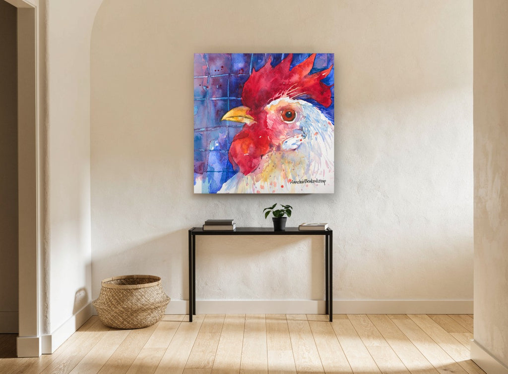 Blue Fence Rooster animal canvas print on the wall of a hallway