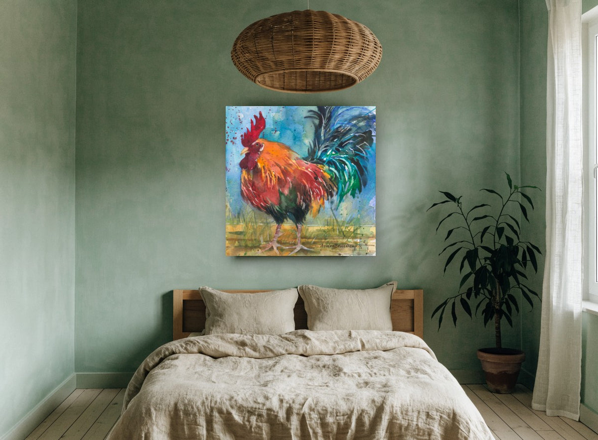 Emerald Plume Rooster animal canvas print on the wall of a bedroom