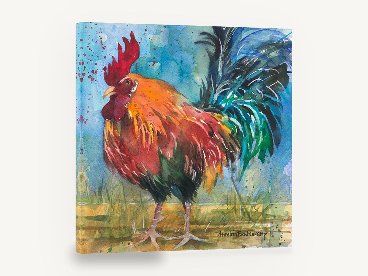 Emerald Plume Rooster, colourful rooster watercolour portrait, animal canvas wall art print ready to hang