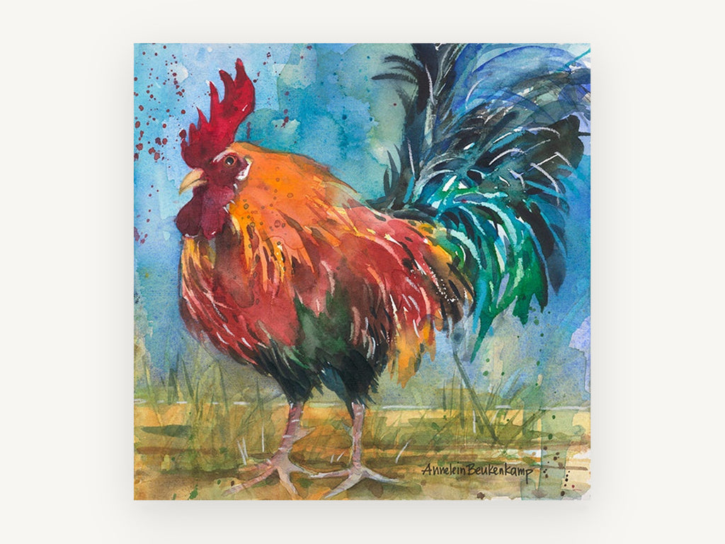 Emerald Plume Rooster, colourful rooster watercolour portrait, animal canvas wall art print, front view