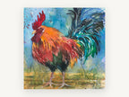 Emerald Plume Rooster, colourful rooster watercolour portrait, animal canvas wall art print, front view