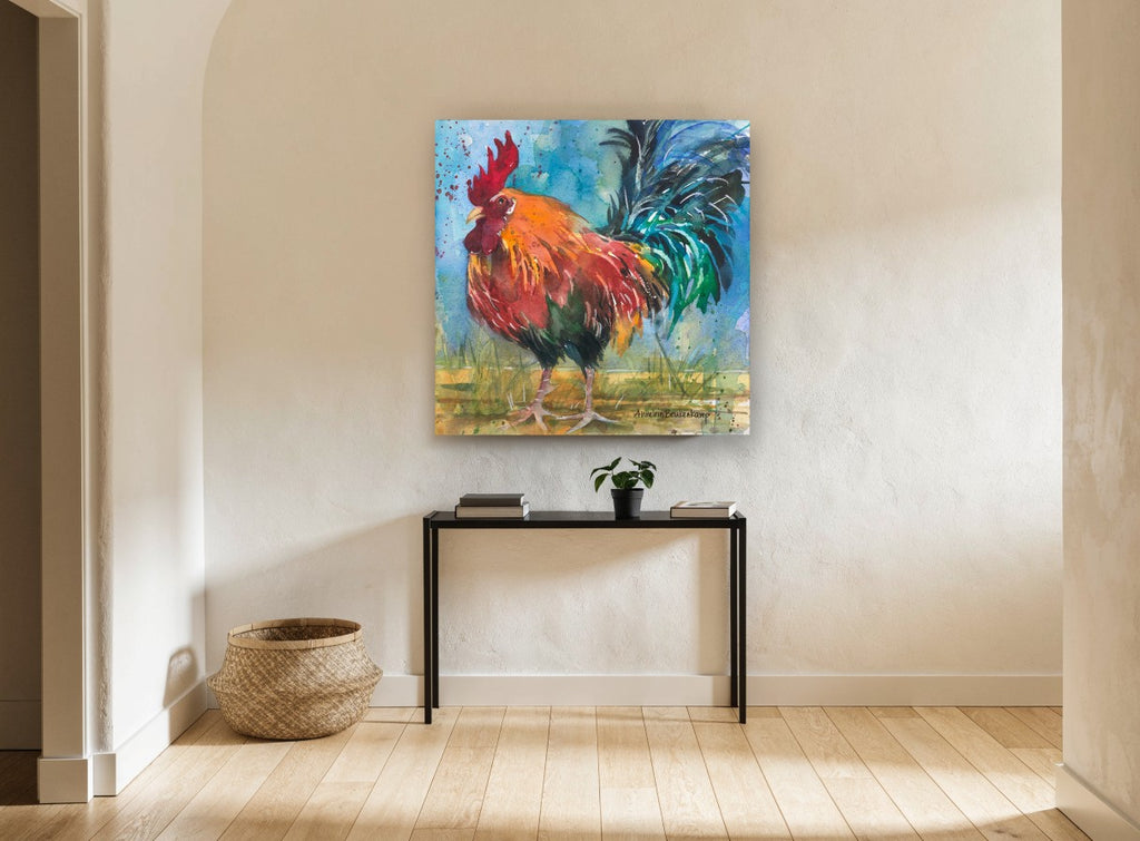 Emerald Plume Rooster animal canvas print on the wall of a hallway