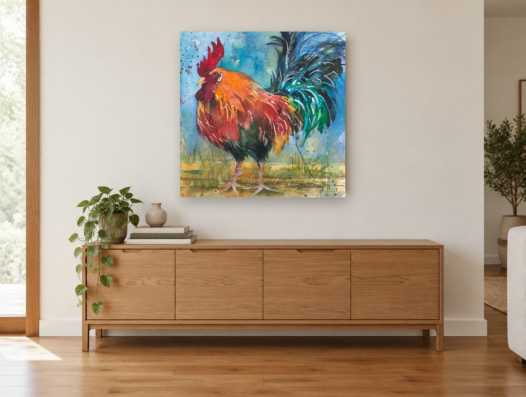Emerald Plume Rooster animal canvas print on the wall of a living room above a sideboard