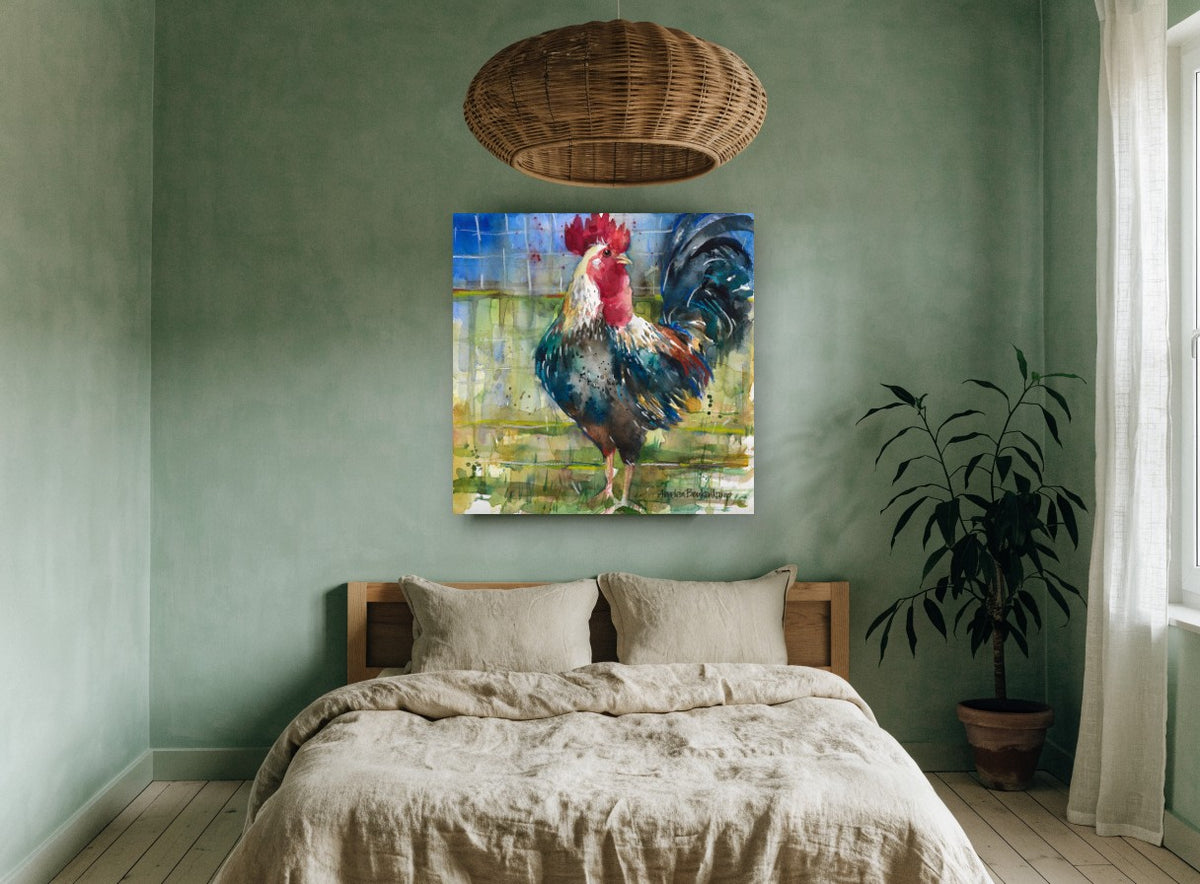 Crowing Rooster Watercolour animal canvas print on the wall of a bedroom
