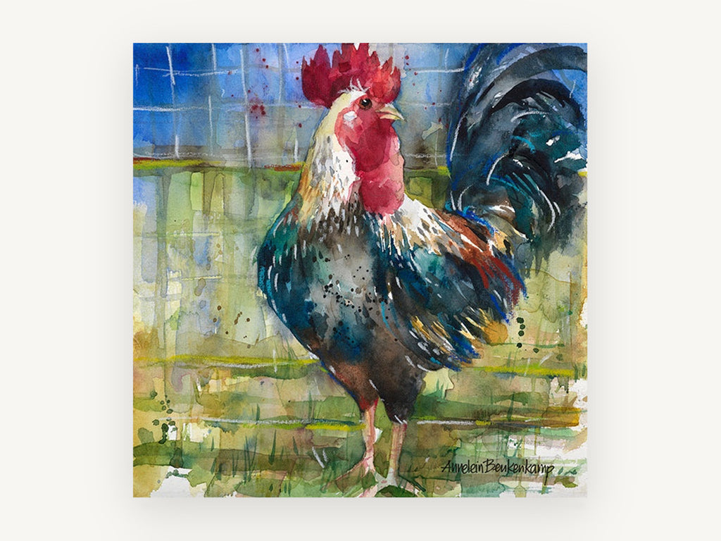 Crowing Rooster Watercolour, rooster watercolour farmyard portrait, animal canvas wall art print, front view