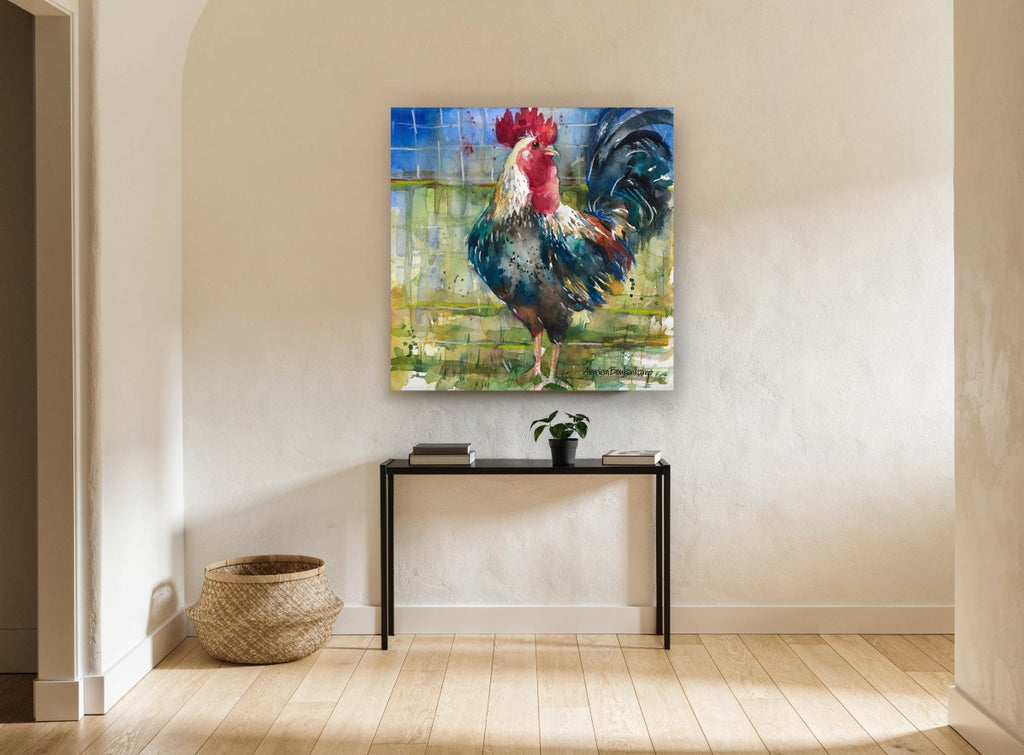 Crowing Rooster Watercolour animal canvas print on the wall of a hallway