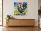 Crowing Rooster Watercolour animal canvas print on the wall of a living room above a sideboard