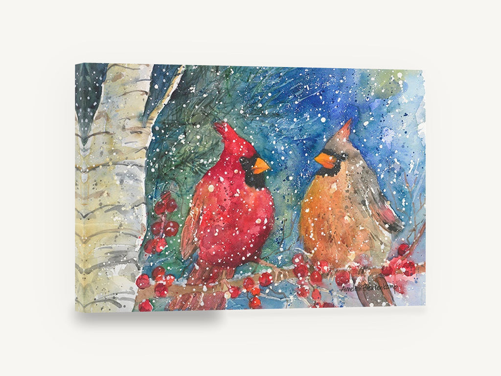 Cardinal Pair in Snowfall, red cardinal pair watercolour, animal canvas wall art print ready to hang