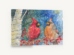 Cardinal Pair in Snowfall, red cardinal pair watercolour, animal canvas wall art print ready to hang