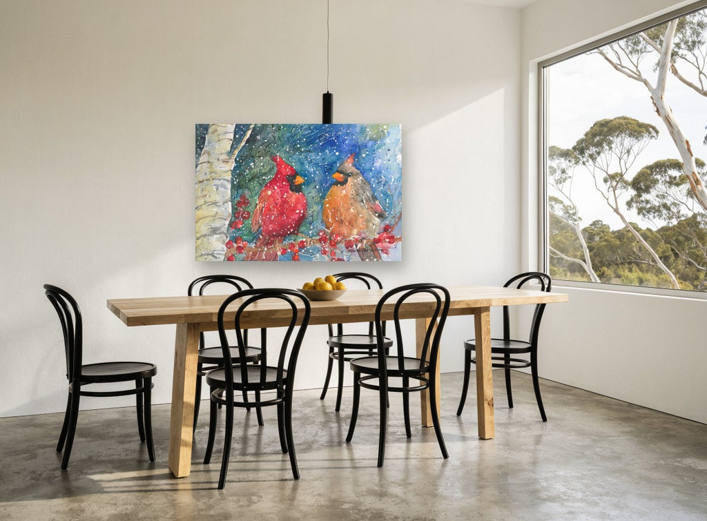 Cardinal Pair in Snowfall animal canvas print on the wall of a dining room