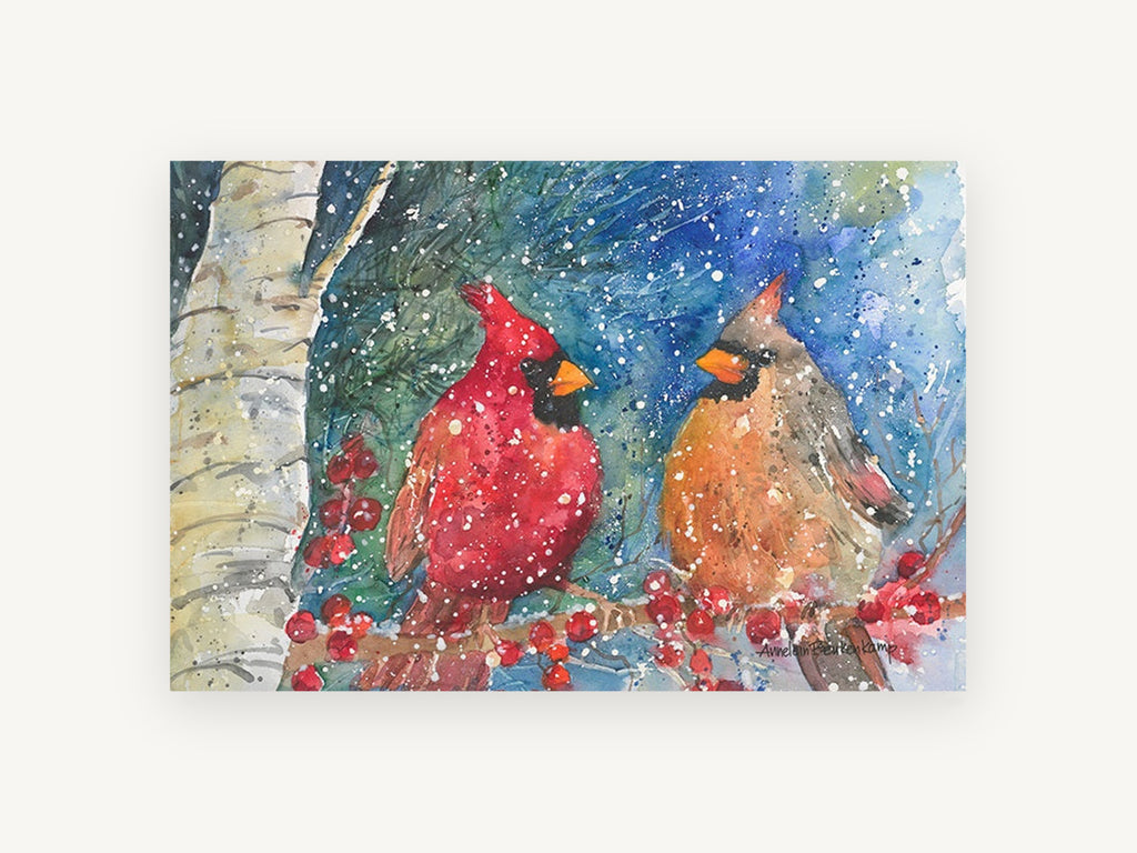Cardinal Pair in Snowfall, red cardinal pair watercolour, animal canvas wall art print, front view