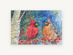 Cardinal Pair in Snowfall, red cardinal pair watercolour, animal canvas wall art print, front view