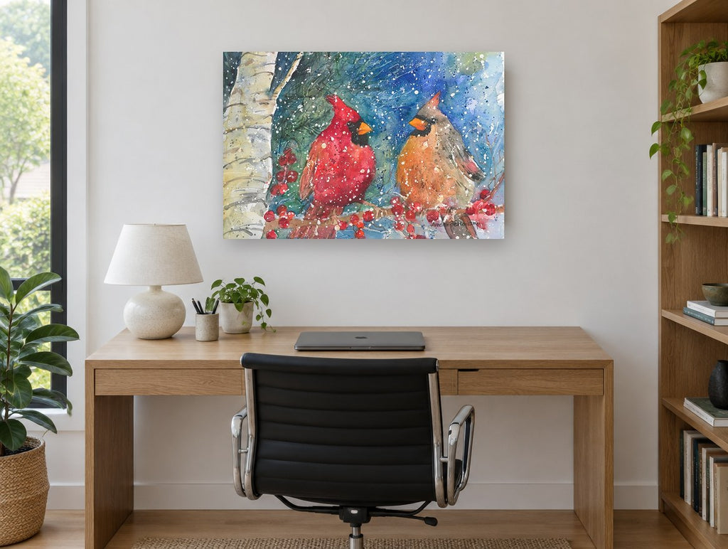 Cardinal Pair in Snowfall animal canvas print on the wall of a study