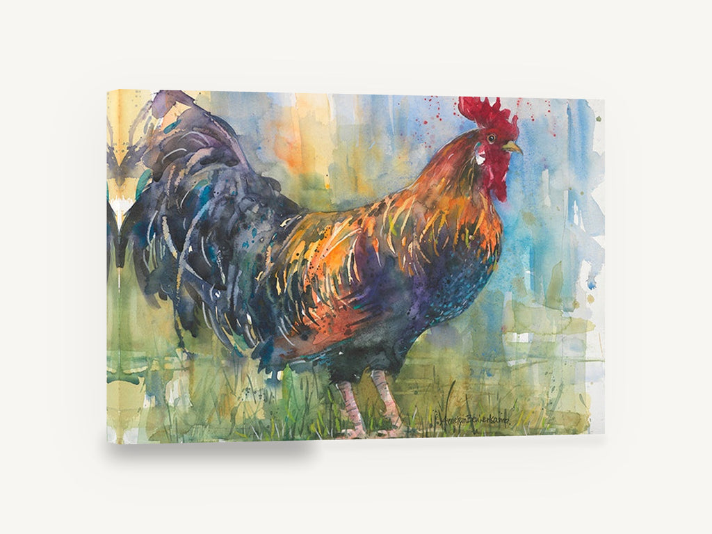 Rooster in the Meadow, rooster watercolour portrait, animal canvas wall art print ready to hang