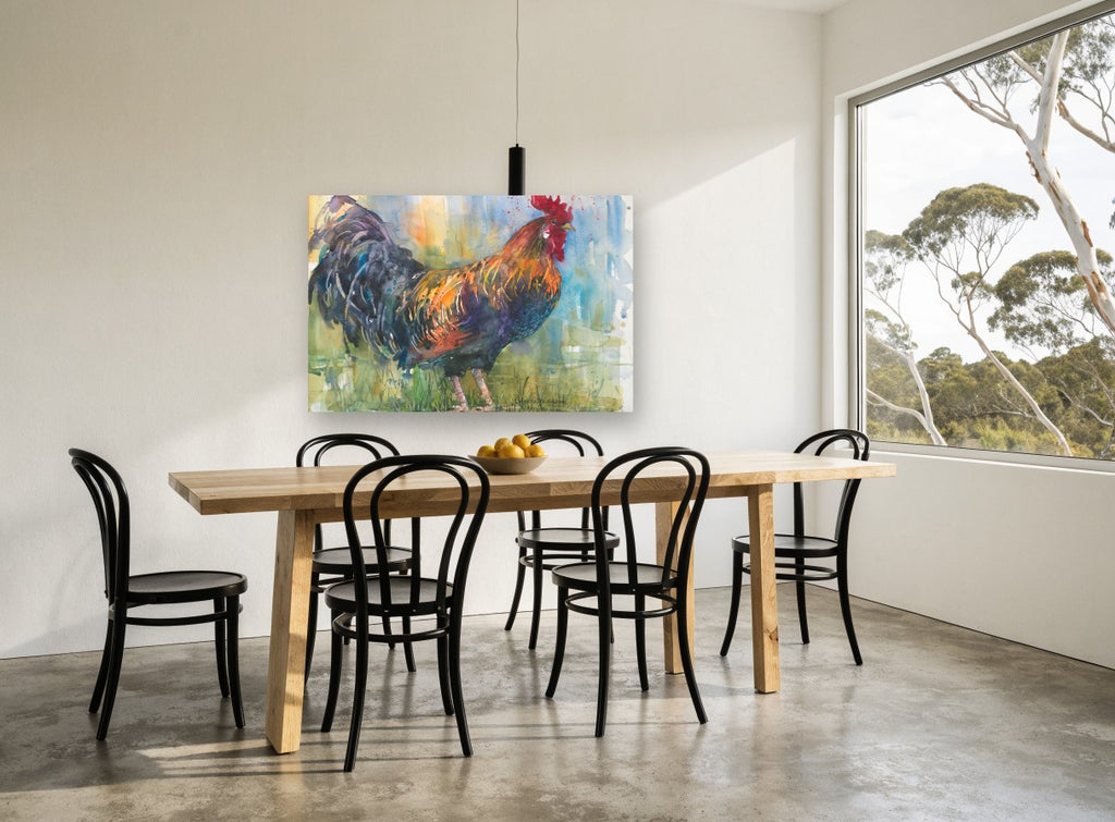 Rooster in the Meadow animal canvas print on the wall of a dining room
