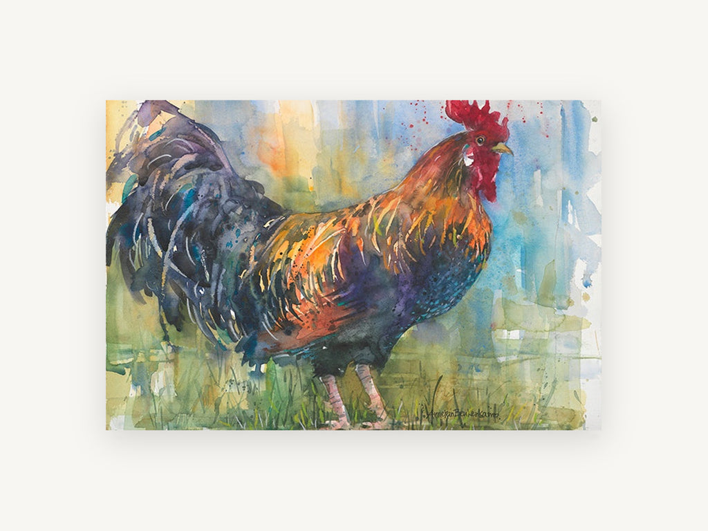 Rooster in the Meadow, rooster watercolour portrait, animal canvas wall art print, front view