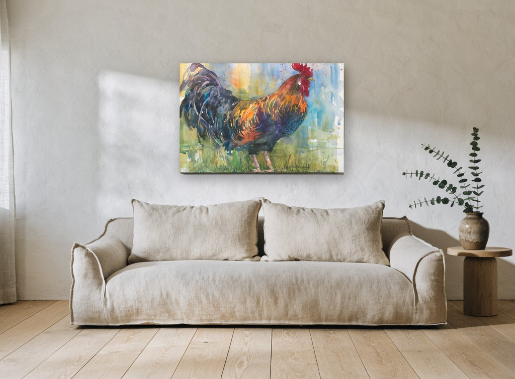 Rooster in the Meadow animal canvas print on the wall of a living room
