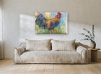 Rooster in the Meadow animal canvas print on the wall of a living room