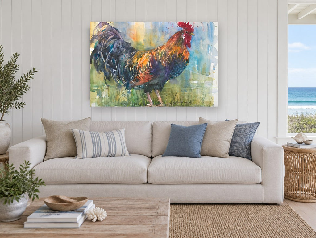 Rooster in the Meadow animal canvas print on the wall of a beach house living room