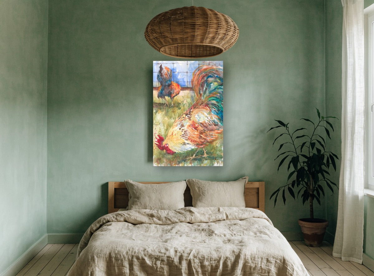 Two Roosters Foraging animal canvas print on the wall of a bedroom