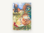 Two Roosters Foraging, rooster watercolour farmyard portrait, animal canvas wall art print, front view