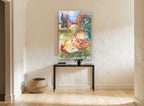 Two Roosters Foraging animal canvas print on the wall of a hallway