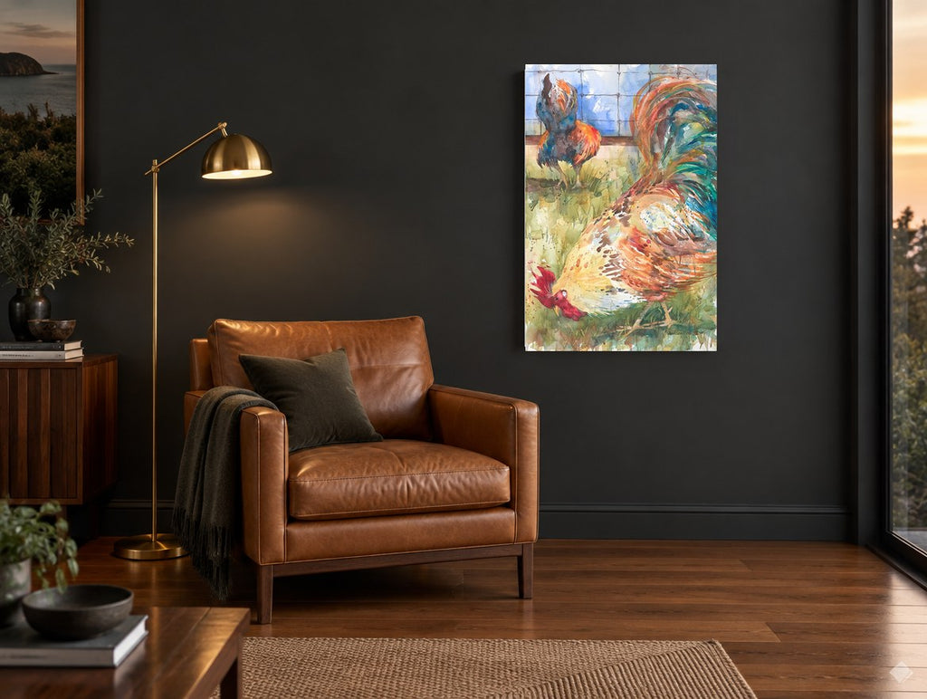 Two Roosters Foraging animal canvas print on the wall of a charcoal living room