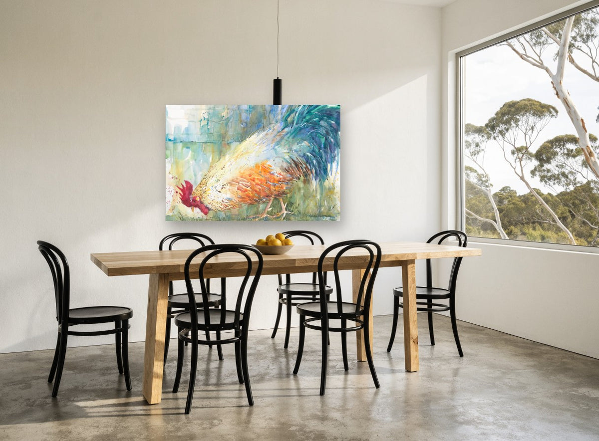 Foraging Rooster Study animal canvas print on the wall of a dining room