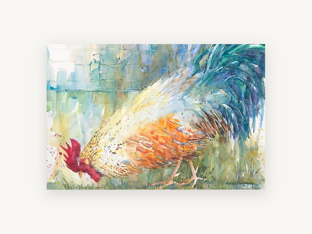 Foraging Rooster Study, rooster watercolour farm bird, animal canvas wall art print, front view