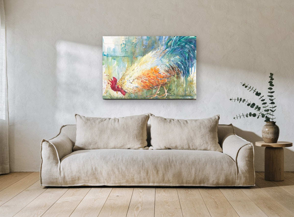 Foraging Rooster Study animal canvas print on the wall of a living room
