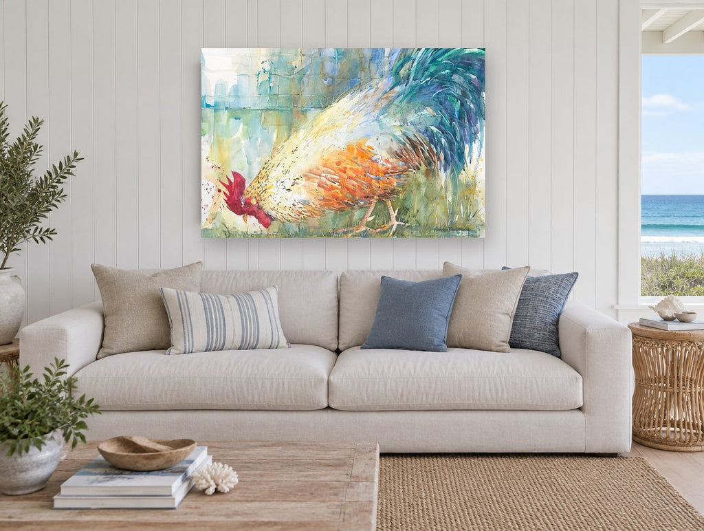 Foraging Rooster Study animal canvas print on the wall of a beach house living room
