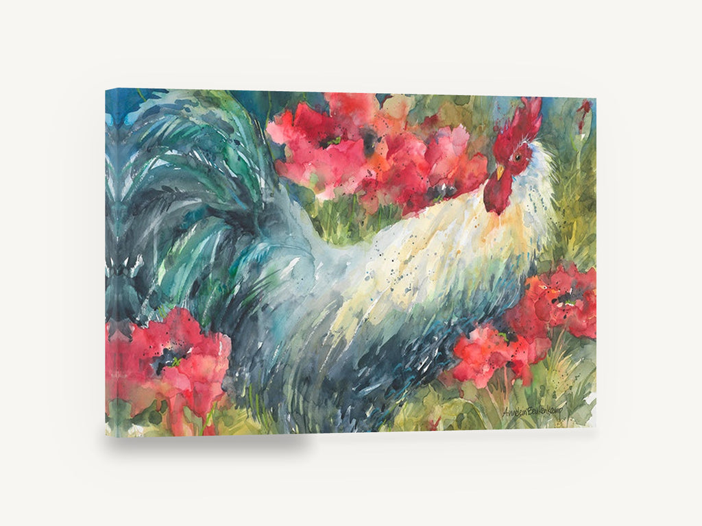 Rooster in the Poppies, rooster and red poppies watercolour, floral canvas wall art print ready to hang