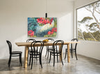 Rooster in the Poppies floral canvas print on the wall of a dining room