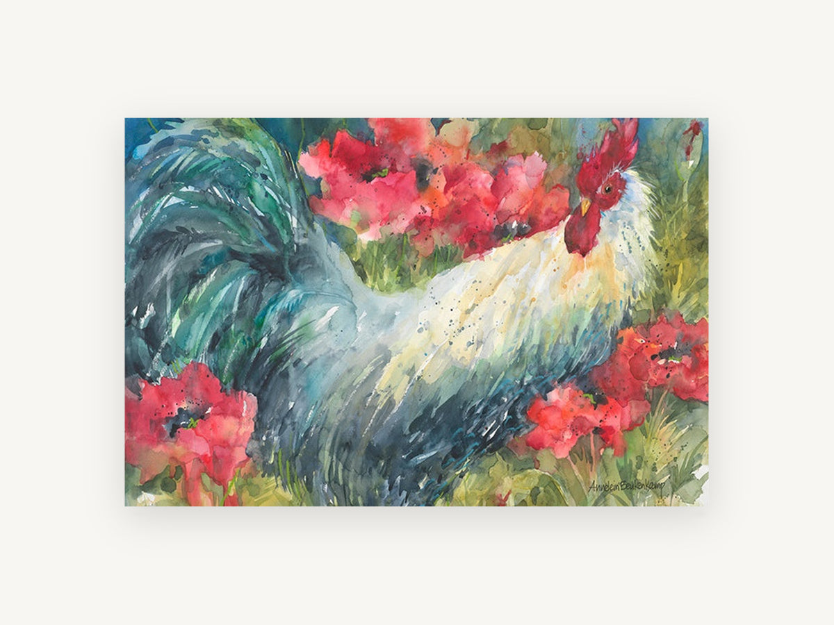 Rooster in the Poppies, floral canvas wall art print, front view