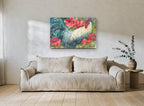 Rooster in the Poppies floral canvas print on the wall of a living room