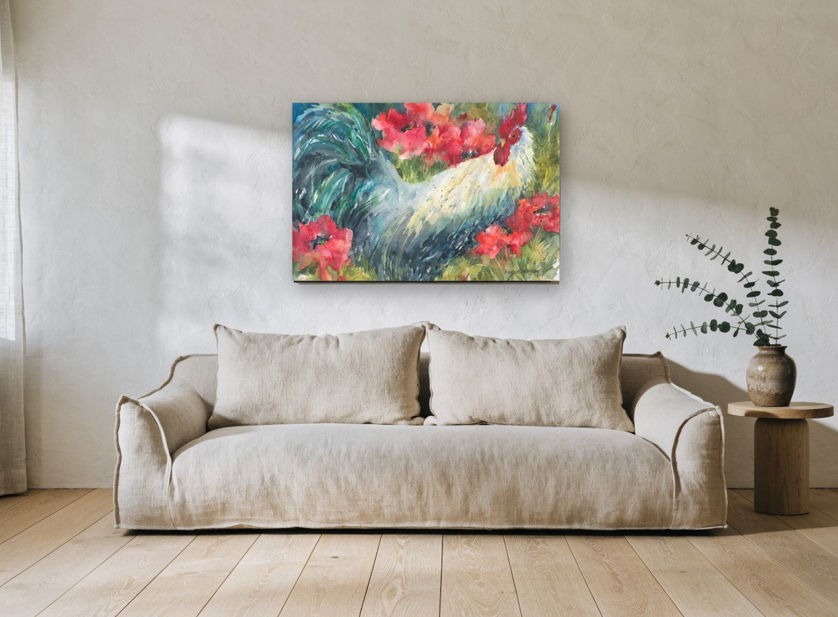 Rooster in the Poppies floral canvas print on the wall of a living room