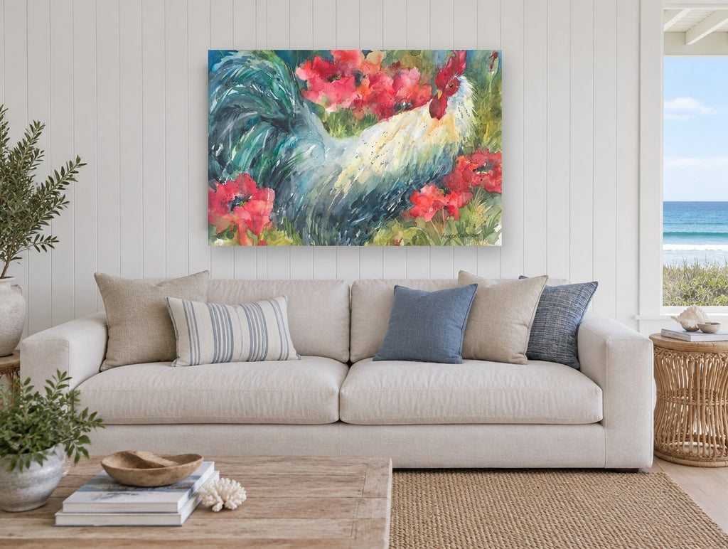 Rooster in the Poppies floral canvas print on the wall of a beach house living room