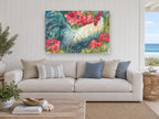 Rooster in the Poppies floral canvas print on the wall of a beach house living room