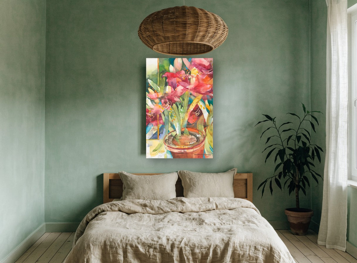 Amaryllis in Terracotta floral canvas print on the wall of a bedroom