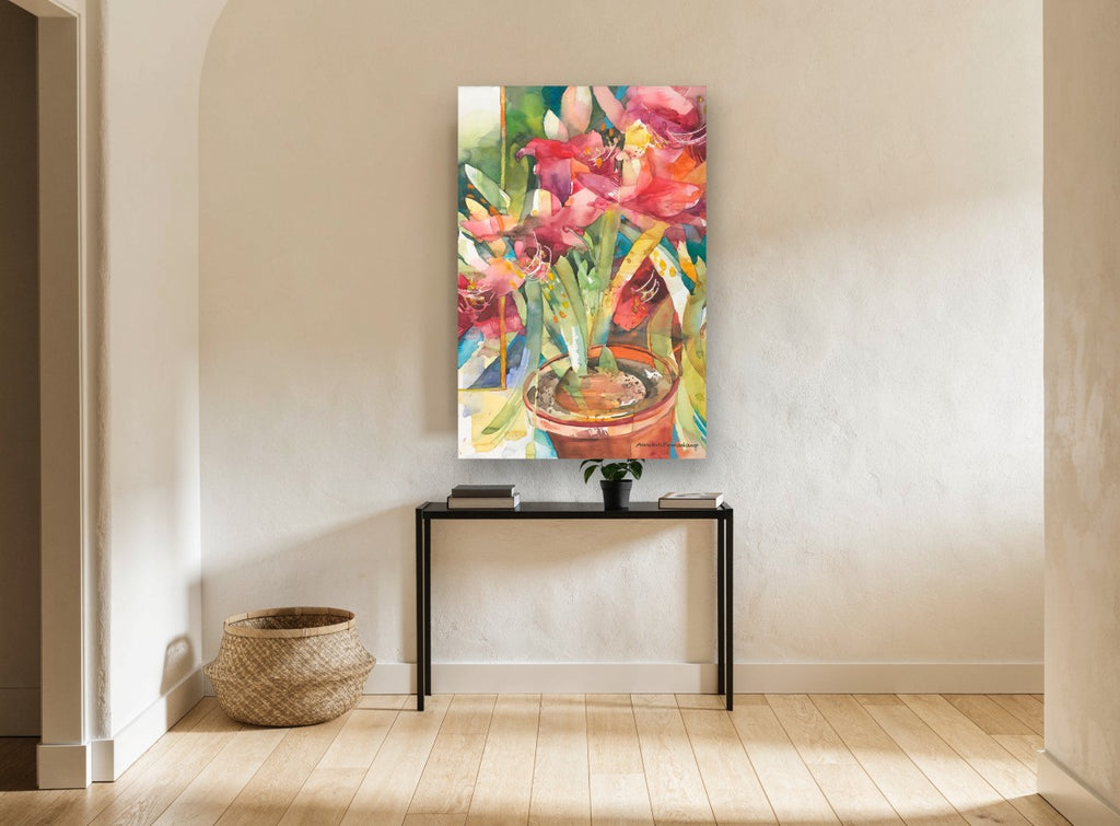 Amaryllis in Terracotta floral canvas print on the wall of a hallway