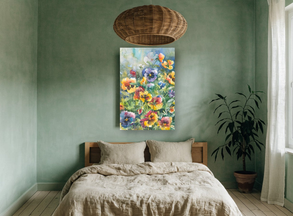 Garden Pansy Patch floral canvas print on the wall of a bedroom