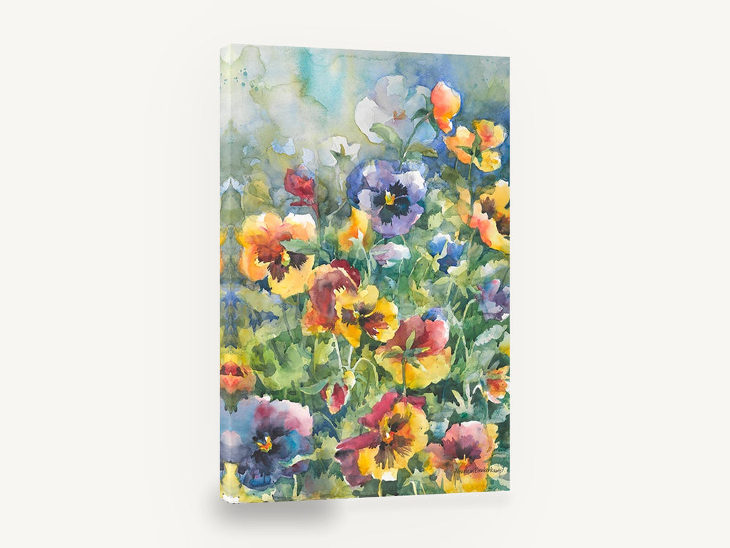 Garden Pansy Patch, colourful pansies watercolour floral, floral canvas wall art print ready to hang
