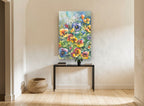Garden Pansy Patch floral canvas print on the wall of a hallway