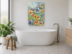 Garden Pansy Patch floral canvas print on the wall of a bathroom